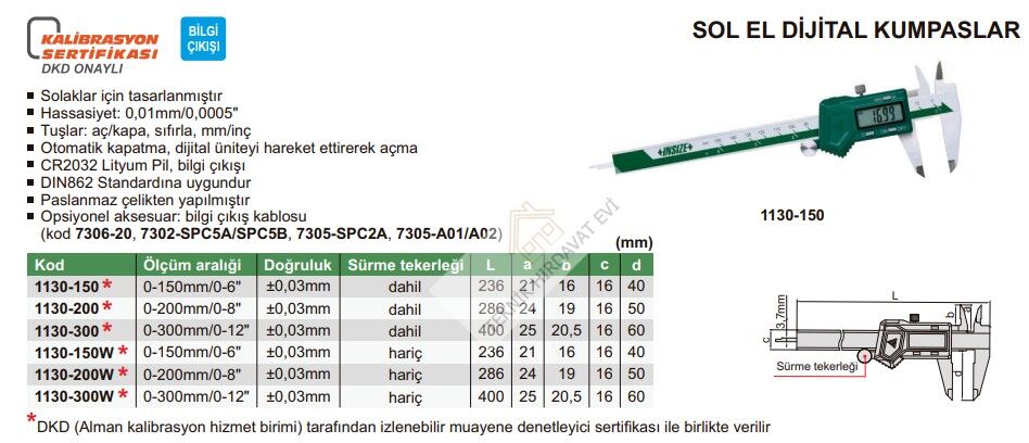 0-300mm/0-12'' Dijital Kumpas (Sol El)